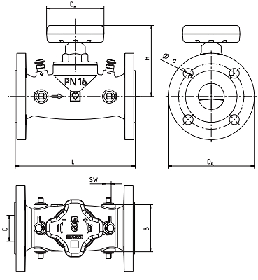Чертеж Клапан балансировочный Herz Штремакс-GMF Ду125 Ру16 с прямым шпинделем фланцевый