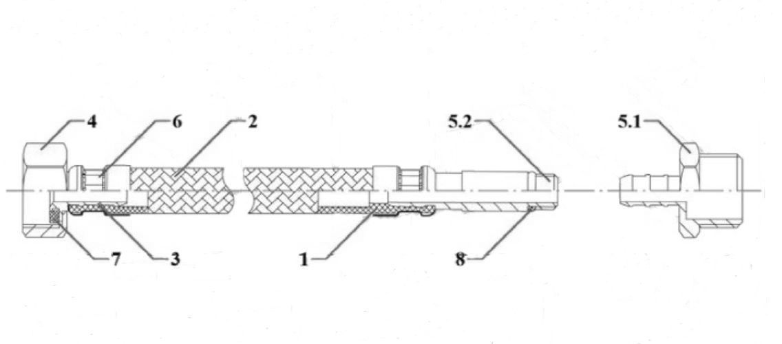 Гибкая подводка для воды AQUALINE Ру10 со стальной накидной гайкой 1/2″ и латунным штуцером с резьбой 1/2″, корпус - нержавеющая оплетка, длина - 1.2м, гайка-штуцер, резьба внутренняя-наружная