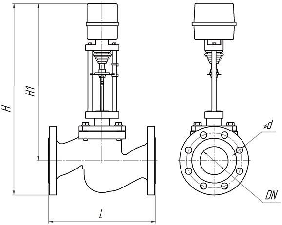 Клапан регулирующий двухходовой DN.ru 25ч945п Ду15 Ру16 Kvs1, серый чугун СЧ20, фланцевый, Tmax до 150°С с электроприводом Катрабел TW-500-XD24