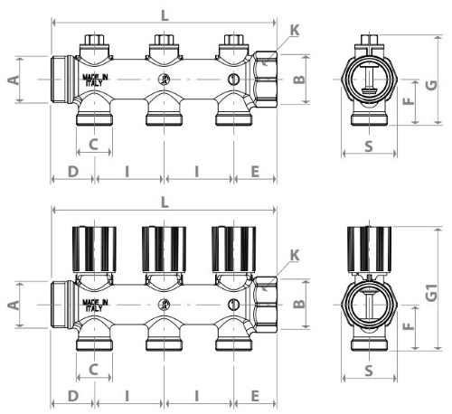 Коллектор Giacomini R583V 1″x3/4″x2 Ду25 Py10 из латуни, с регулирующими клапанами